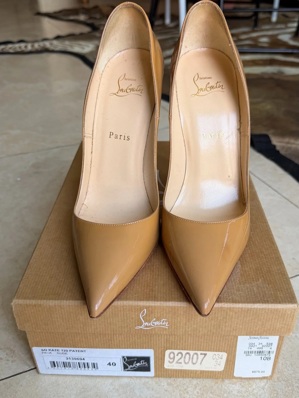 Christian Louboutin Beige Patent Leather Stiletto Pumps with Red Soles